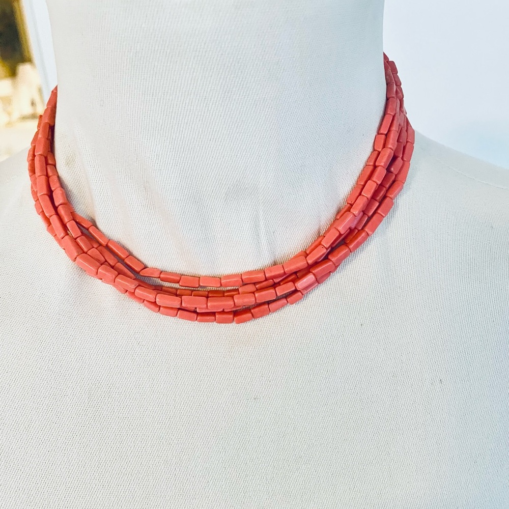 Coral Brick Necklace 5 Strands   Handmade on Silk 16 inches New by Sheoma